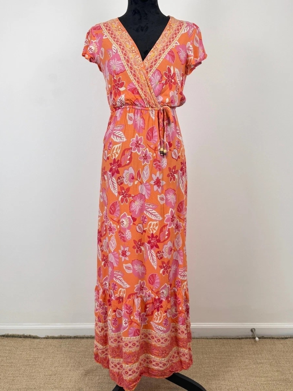 Maxi Floral Pink-Orange Maxi Dress with Tie Waist